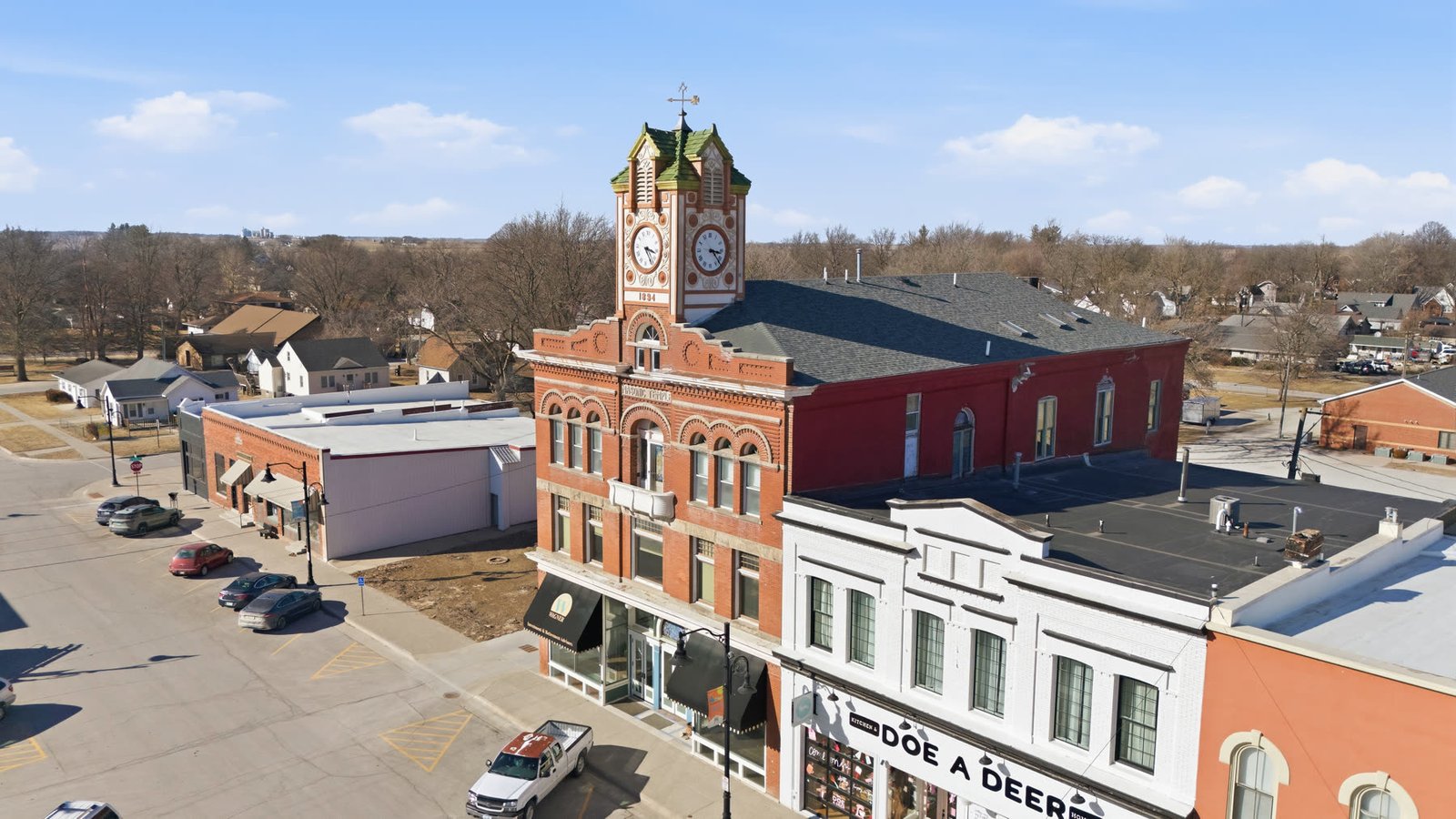 Aerial view of the building and rooftop