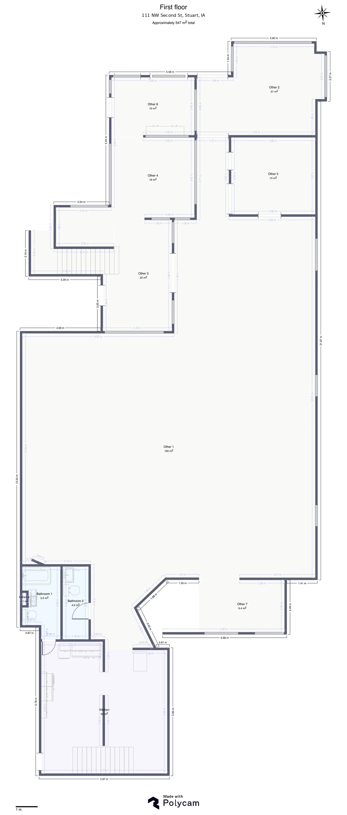 First-floor plan of the Clock Tower building: a large open main space, several smaller rooms, kitchen, and two bathrooms, approximately 347 square meters