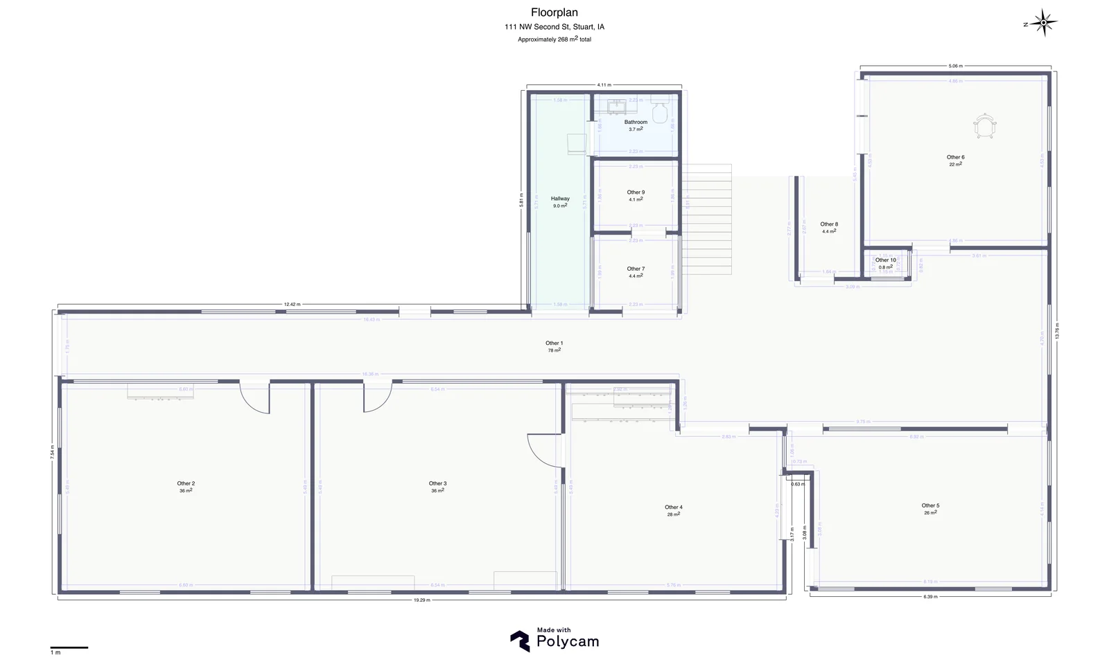 Second-floor plan of the Clock Tower building: open rooms, hallway, and bathroom, approximately 268 square meters